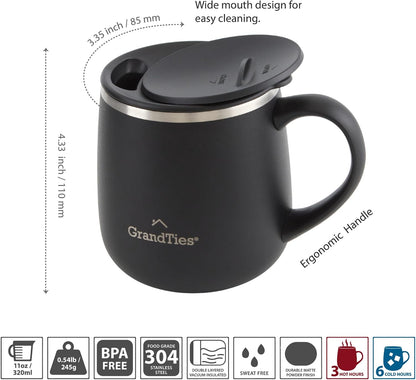 16oz Ceramic-Lined Insulated Coffee Mug with Sliding Lid, Wine-Glass Shape Thermal Tumbler with Double Walled Vacuum to Keeps Beverages Hot or Cold (Frosted Glacier)