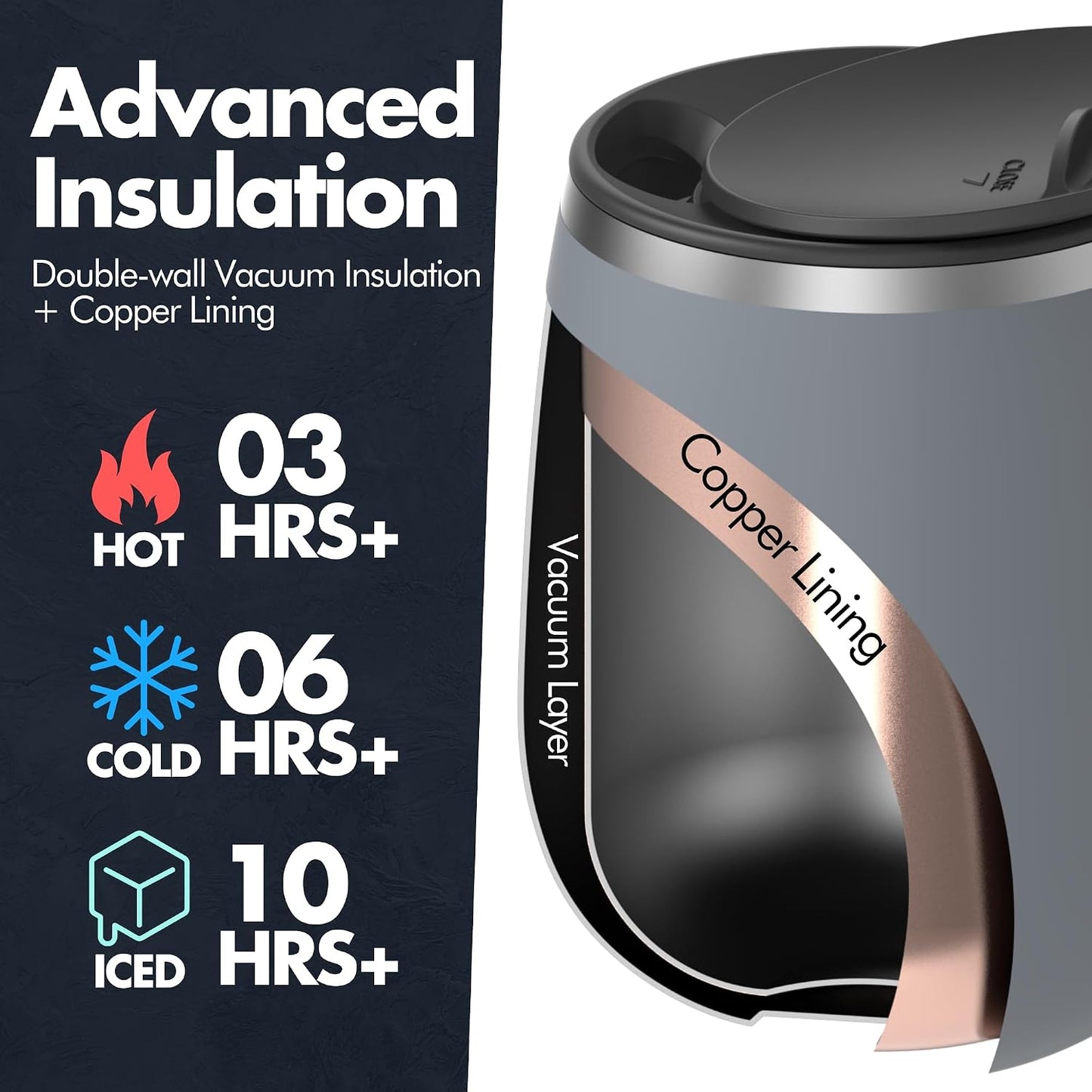 16oz Ceramic-Lined Insulated Coffee Mug with Sliding Lid, Wine-Glass Shape Thermal Tumbler with Double Walled Vacuum to Keeps Beverages Hot or Cold (Frosted Glacier)