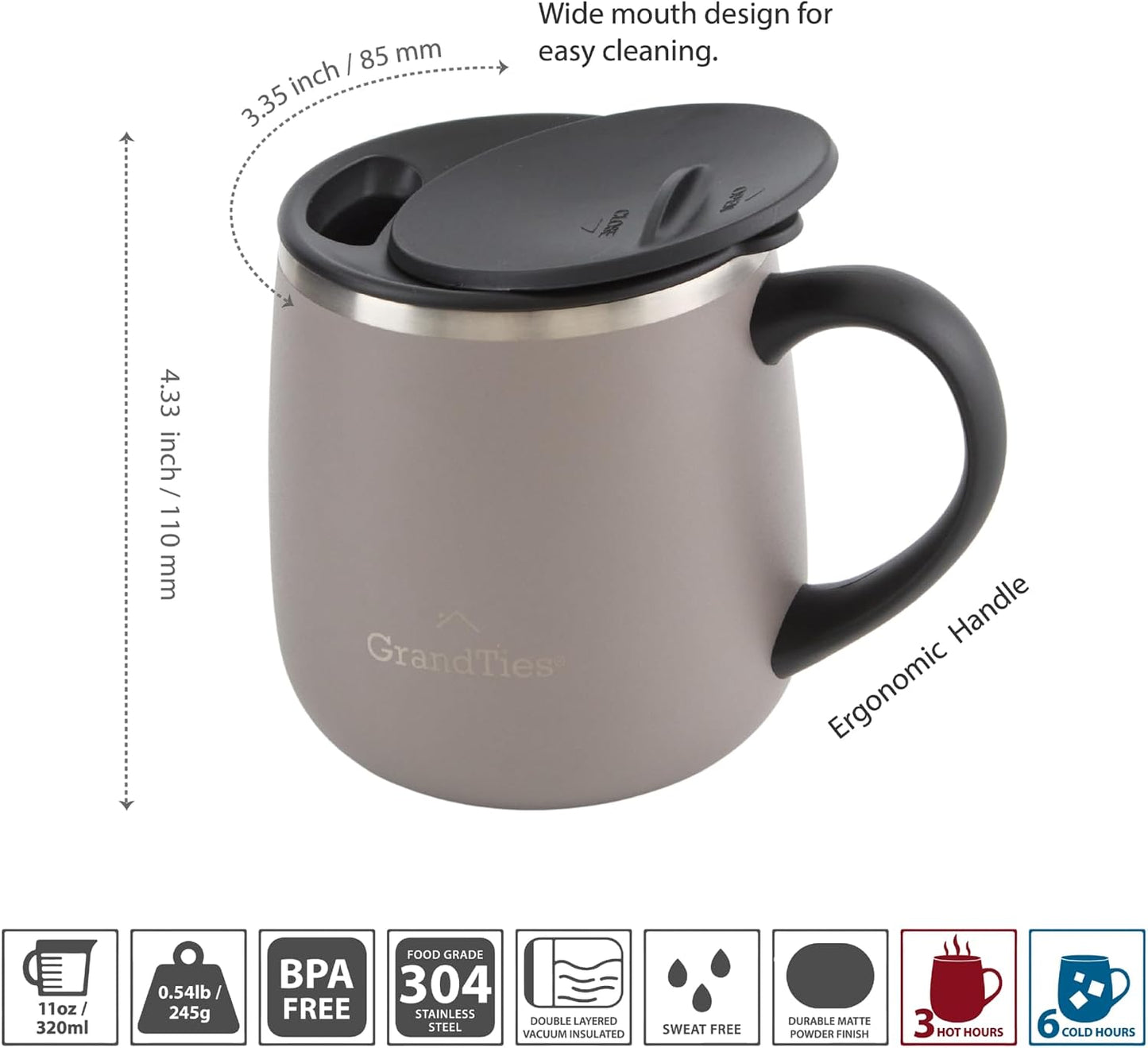 16oz Ceramic-Lined Insulated Coffee Mug with Sliding Lid, Wine-Glass Shape Thermal Tumbler with Double Walled Vacuum to Keeps Beverages Hot or Cold (Frosted Glacier)