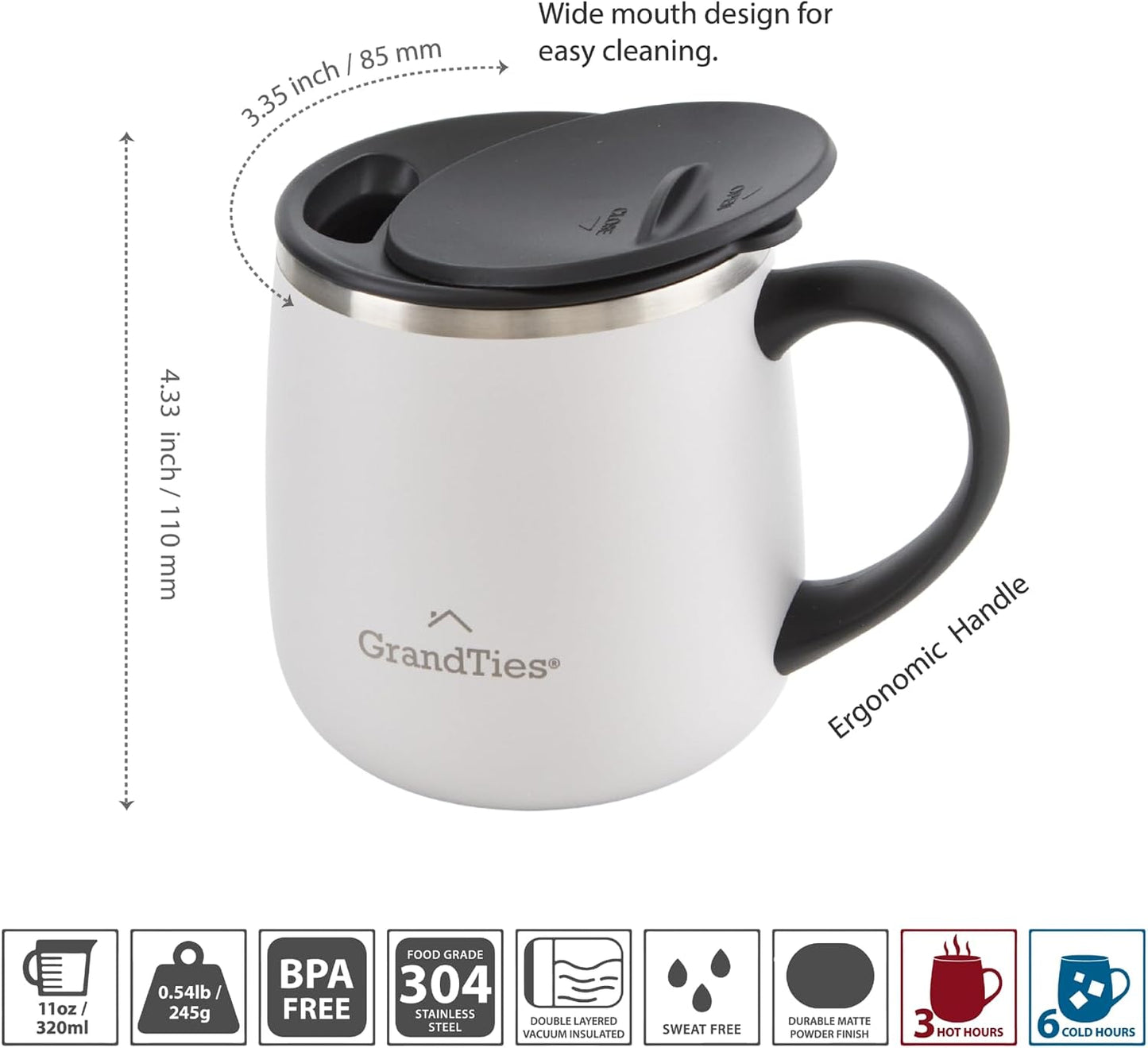 16oz Ceramic-Lined Insulated Coffee Mug with Sliding Lid, Wine-Glass Shape Thermal Tumbler with Double Walled Vacuum to Keeps Beverages Hot or Cold (Frosted Glacier)