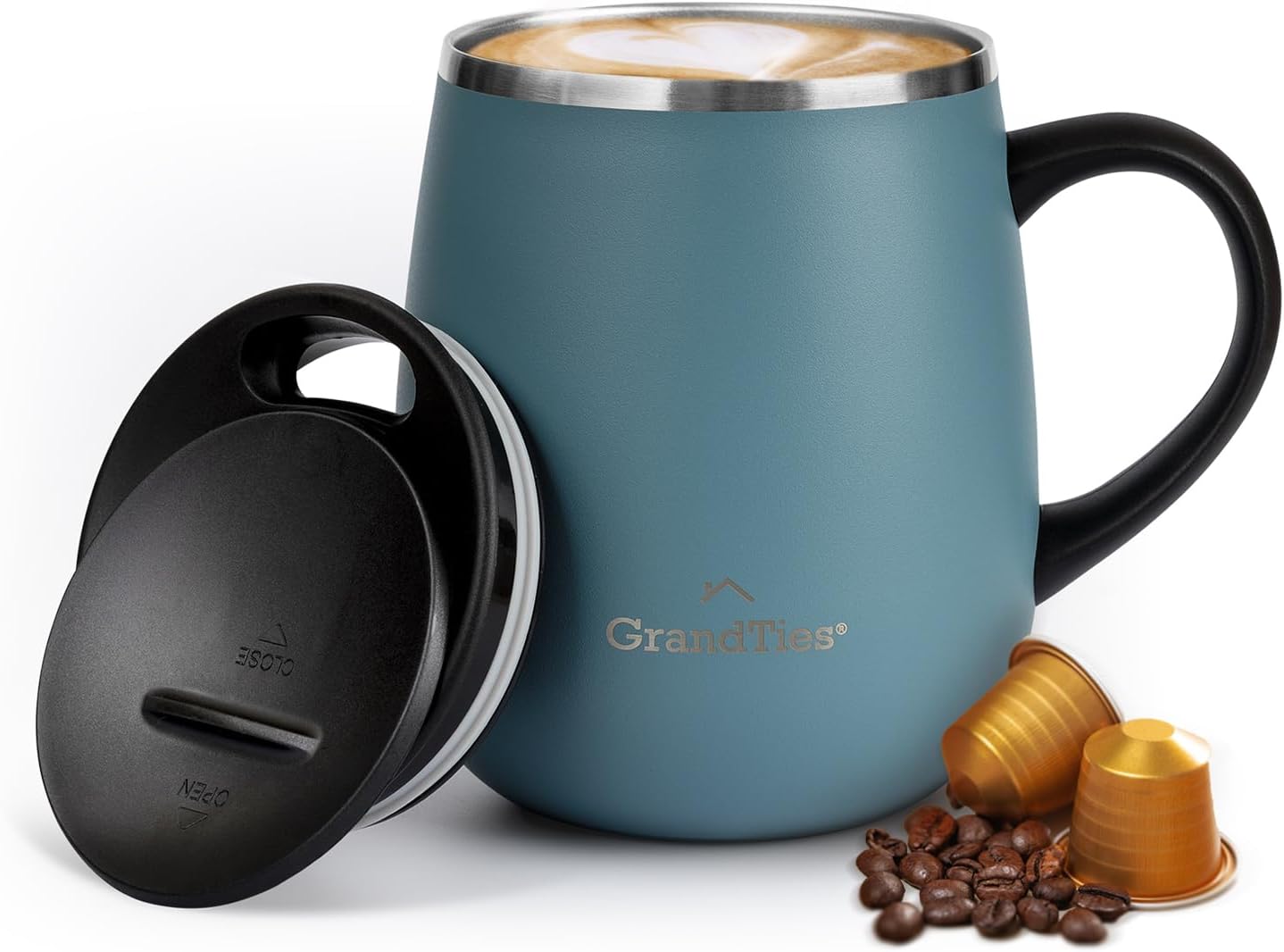 16oz Ceramic-Lined Insulated Coffee Mug with Sliding Lid, Wine-Glass Shape Thermal Tumbler with Double Walled Vacuum to Keeps Beverages Hot or Cold (Frosted Glacier)