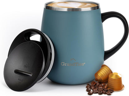 16oz Ceramic-Lined Insulated Coffee Mug with Sliding Lid, Wine-Glass Shape Thermal Tumbler with Double Walled Vacuum to Keeps Beverages Hot or Cold (Frosted Glacier)