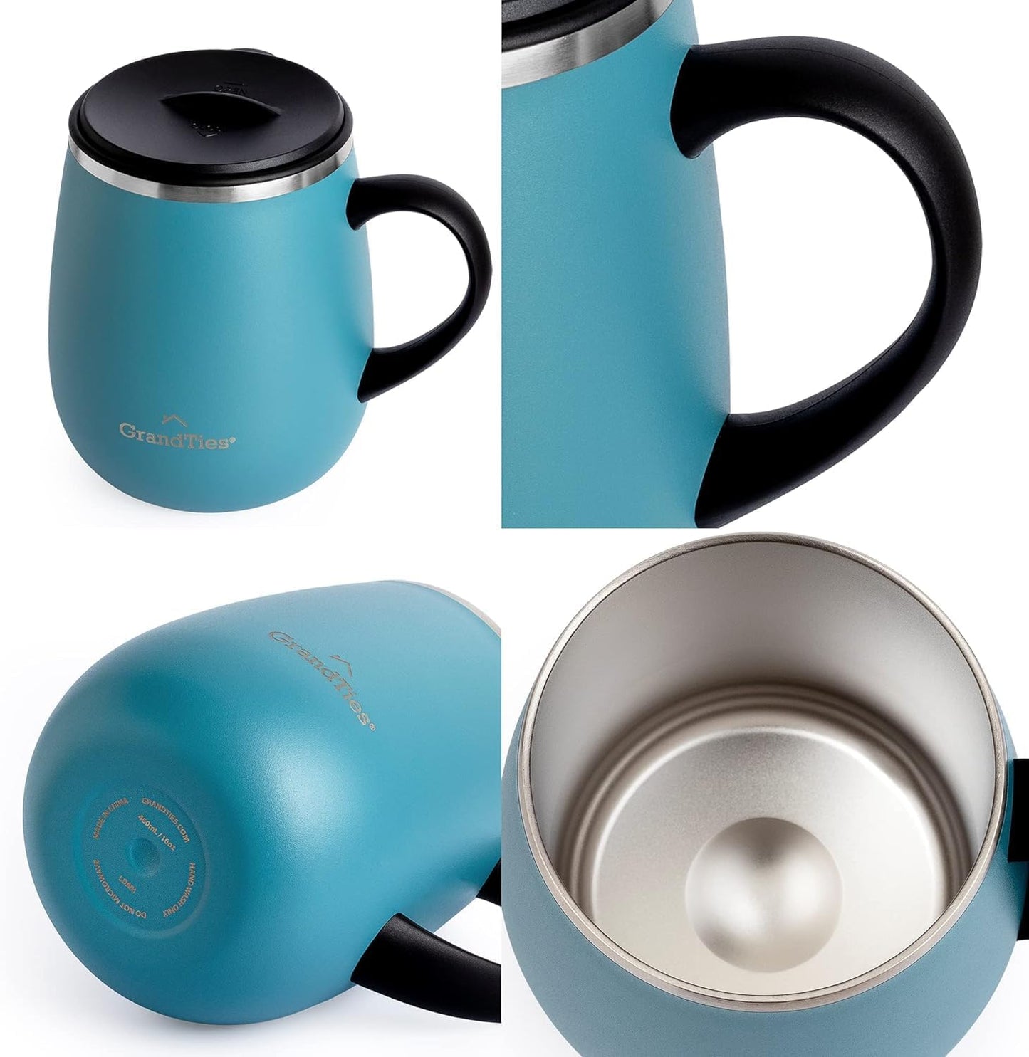16oz Ceramic-Lined Insulated Coffee Mug with Sliding Lid, Wine-Glass Shape Thermal Tumbler with Double Walled Vacuum to Keeps Beverages Hot or Cold (Frosted Glacier)