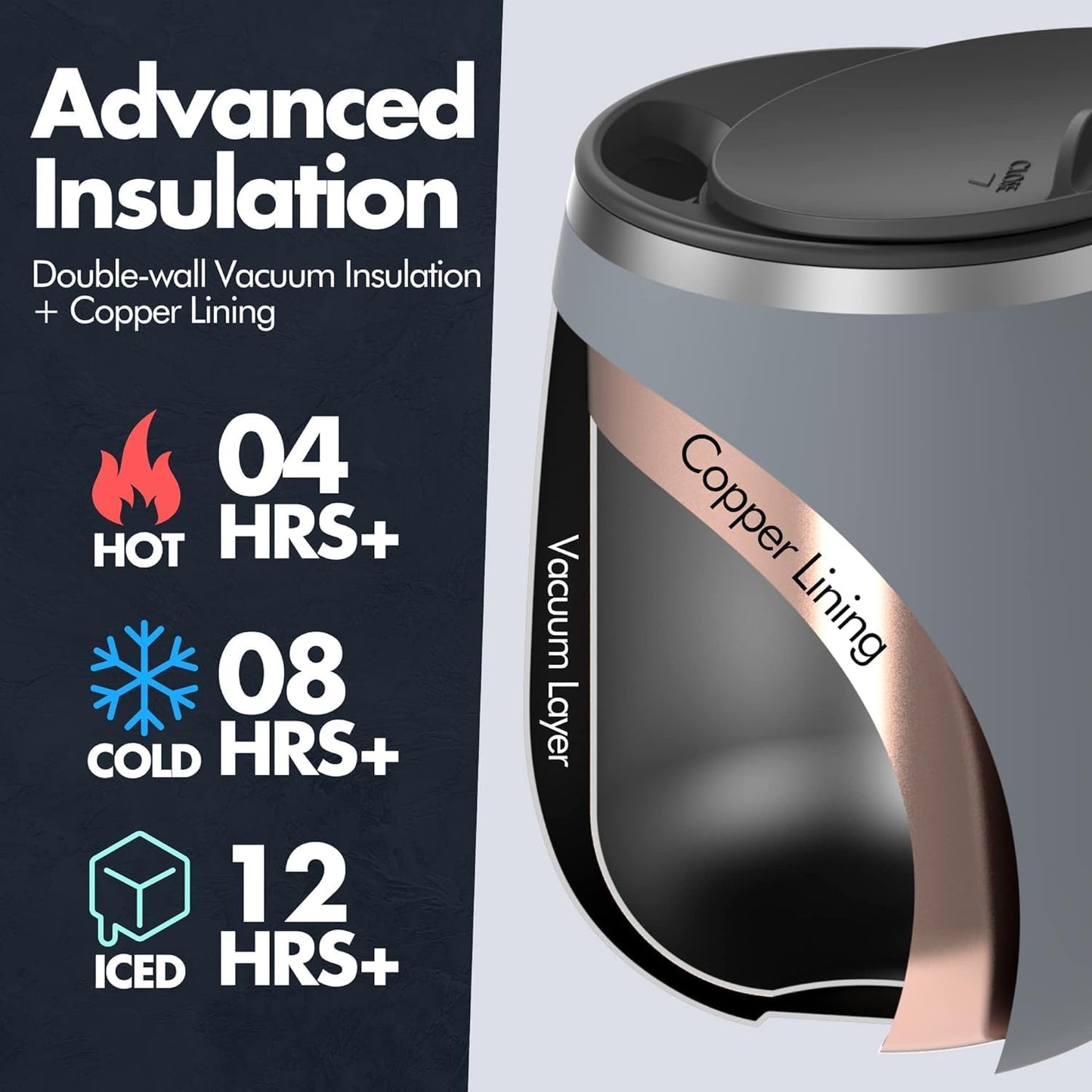 16oz Ceramic-Lined Insulated Coffee Mug with Sliding Lid, Wine-Glass Shape Thermal Tumbler with Double Walled Vacuum to Keeps Beverages Hot or Cold (Frosted Glacier)