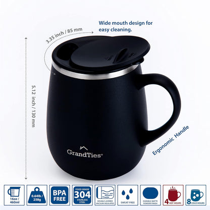 16oz Ceramic-Lined Insulated Coffee Mug with Sliding Lid, Wine-Glass Shape Thermal Tumbler with Double Walled Vacuum to Keeps Beverages Hot or Cold (Frosted Glacier)
