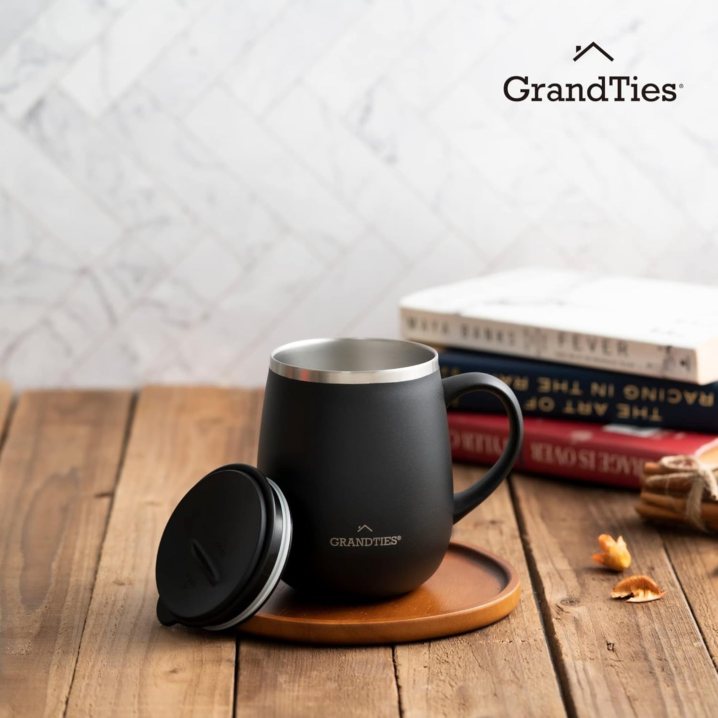 16oz Ceramic-Lined Insulated Coffee Mug with Sliding Lid, Wine-Glass Shape Thermal Tumbler with Double Walled Vacuum to Keeps Beverages Hot or Cold (Frosted Glacier)