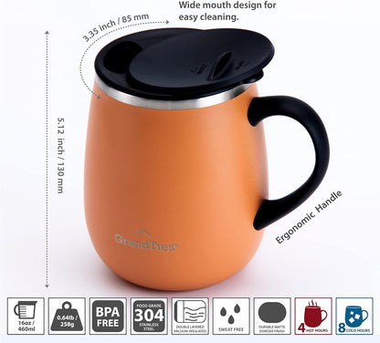 16oz Ceramic-Lined Insulated Coffee Mug with Sliding Lid, Wine-Glass Shape Thermal Tumbler with Double Walled Vacuum to Keeps Beverages Hot or Cold (Frosted Glacier)