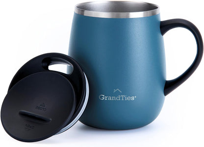 16oz Ceramic-Lined Insulated Coffee Mug with Sliding Lid, Wine-Glass Shape Thermal Tumbler with Double Walled Vacuum to Keeps Beverages Hot or Cold (Frosted Glacier)