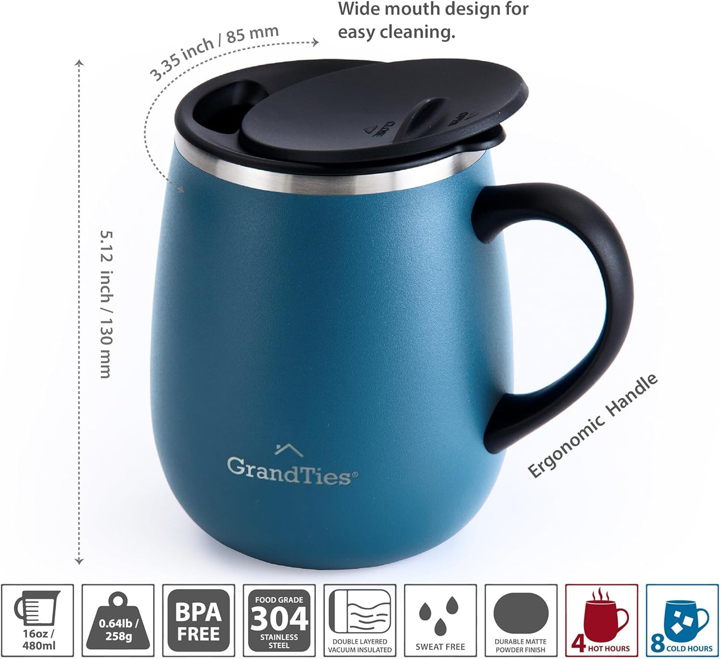 16oz Ceramic-Lined Insulated Coffee Mug with Sliding Lid, Wine-Glass Shape Thermal Tumbler with Double Walled Vacuum to Keeps Beverages Hot or Cold (Frosted Glacier)