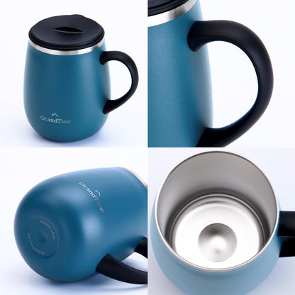 16oz Ceramic-Lined Insulated Coffee Mug with Sliding Lid, Wine-Glass Shape Thermal Tumbler with Double Walled Vacuum to Keeps Beverages Hot or Cold (Frosted Glacier)