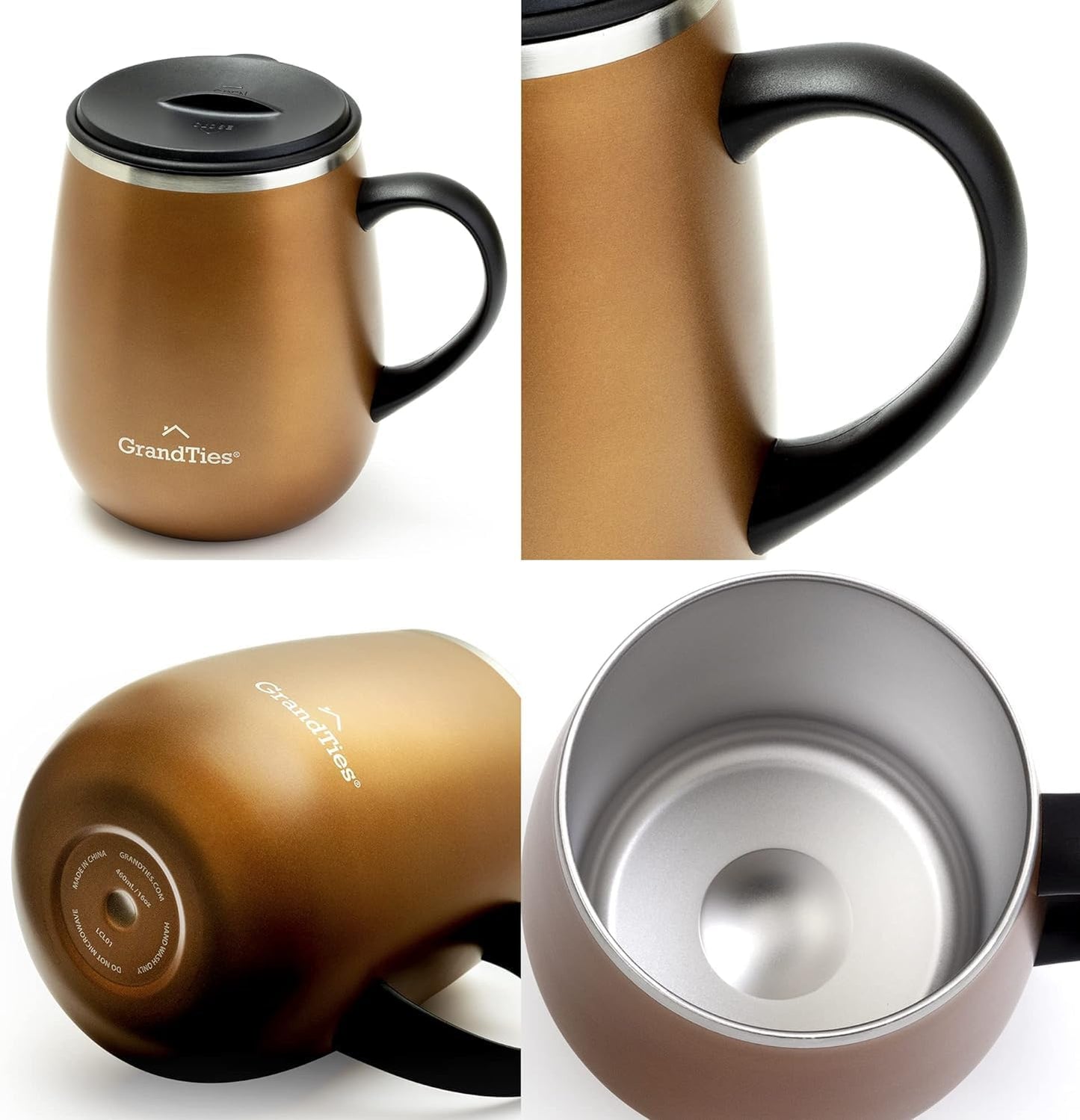 16oz Ceramic-Lined Insulated Coffee Mug with Sliding Lid, Wine-Glass Shape Thermal Tumbler with Double Walled Vacuum to Keeps Beverages Hot or Cold (Frosted Glacier)