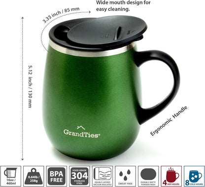 16oz Ceramic-Lined Insulated Coffee Mug with Sliding Lid, Wine-Glass Shape Thermal Tumbler with Double Walled Vacuum to Keeps Beverages Hot or Cold (Frosted Glacier)