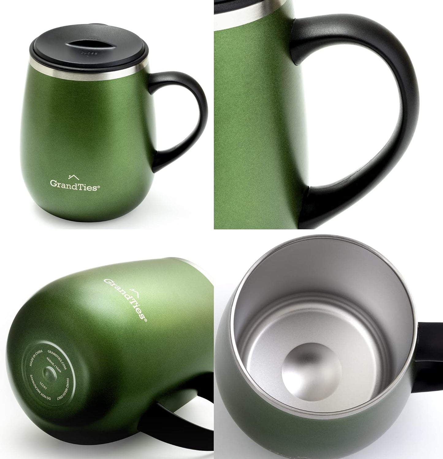 16oz Ceramic-Lined Insulated Coffee Mug with Sliding Lid, Wine-Glass Shape Thermal Tumbler with Double Walled Vacuum to Keeps Beverages Hot or Cold (Frosted Glacier)