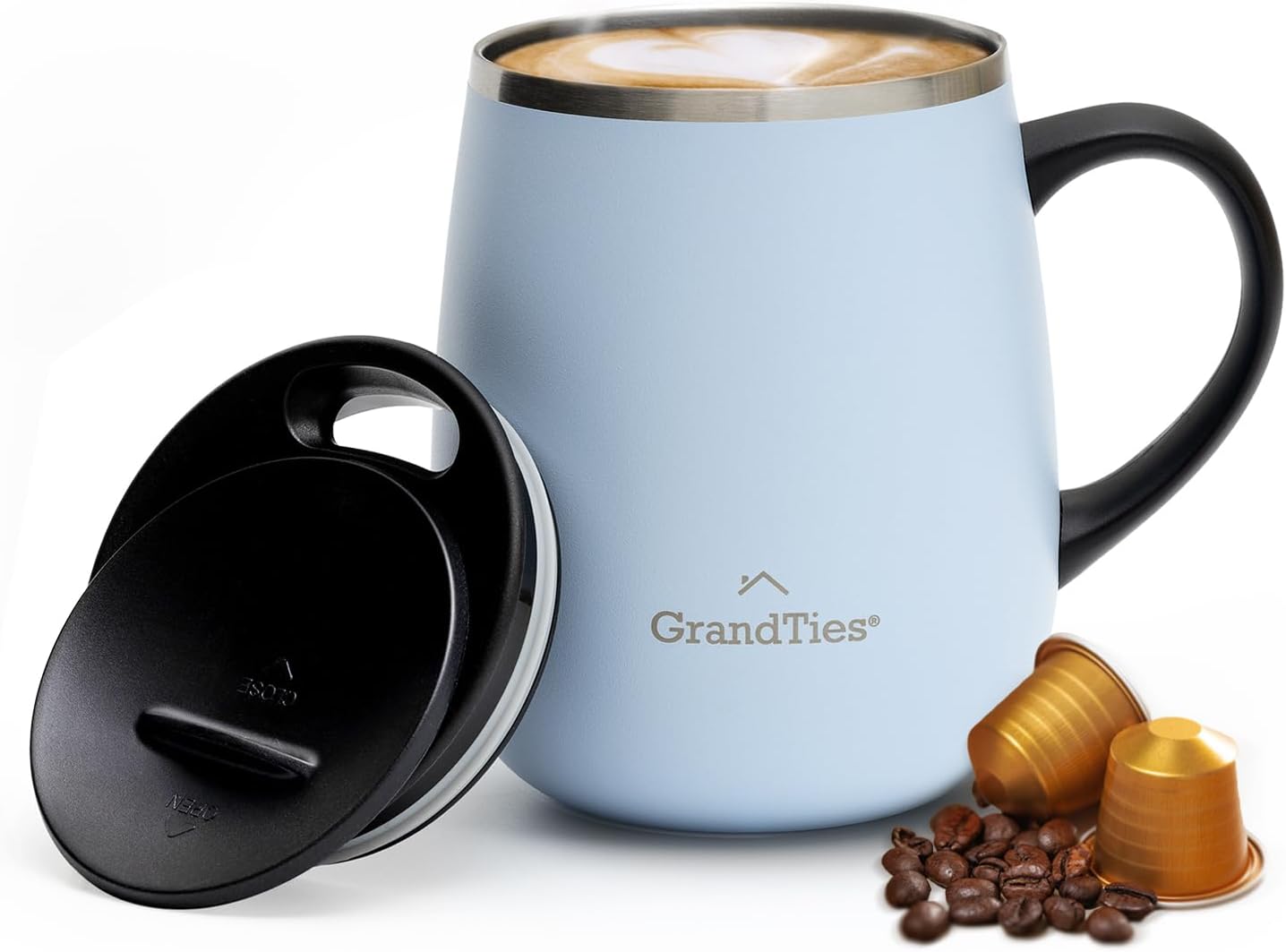 16oz Ceramic-Lined Insulated Coffee Mug with Sliding Lid, Wine-Glass Shape Thermal Tumbler with Double Walled Vacuum to Keeps Beverages Hot or Cold (Frosted Glacier)