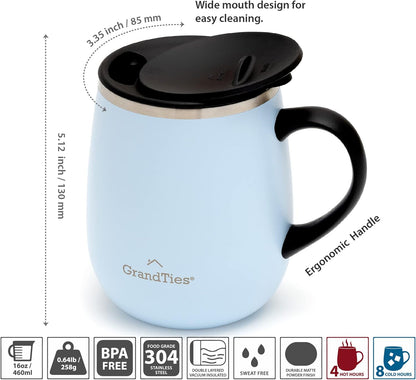 16oz Ceramic-Lined Insulated Coffee Mug with Sliding Lid, Wine-Glass Shape Thermal Tumbler with Double Walled Vacuum to Keeps Beverages Hot or Cold (Frosted Glacier)