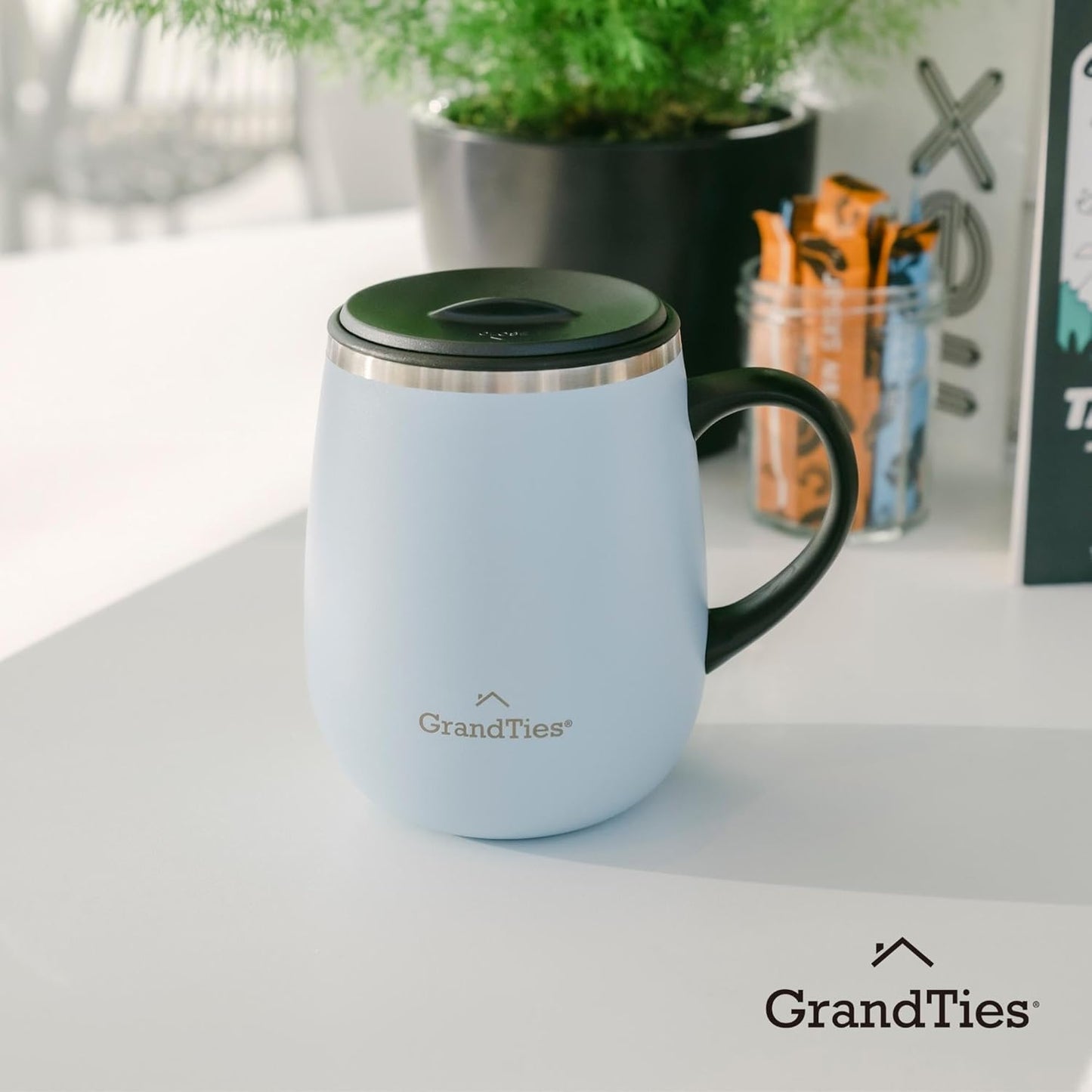 16oz Ceramic-Lined Insulated Coffee Mug with Sliding Lid, Wine-Glass Shape Thermal Tumbler with Double Walled Vacuum to Keeps Beverages Hot or Cold (Frosted Glacier)