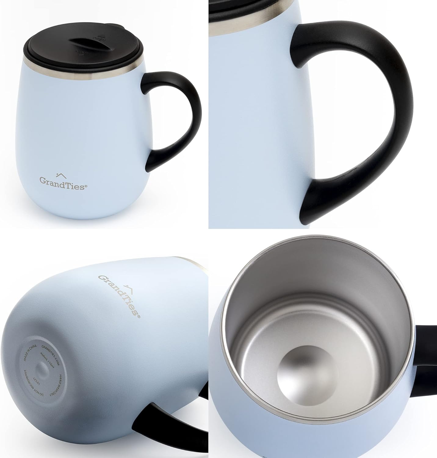 16oz Ceramic-Lined Insulated Coffee Mug with Sliding Lid, Wine-Glass Shape Thermal Tumbler with Double Walled Vacuum to Keeps Beverages Hot or Cold (Frosted Glacier)