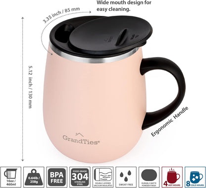 16oz Ceramic-Lined Insulated Coffee Mug with Sliding Lid, Wine-Glass Shape Thermal Tumbler with Double Walled Vacuum to Keeps Beverages Hot or Cold (Frosted Glacier)