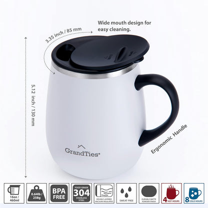 16oz Ceramic-Lined Insulated Coffee Mug with Sliding Lid, Wine-Glass Shape Thermal Tumbler with Double Walled Vacuum to Keeps Beverages Hot or Cold (Frosted Glacier)