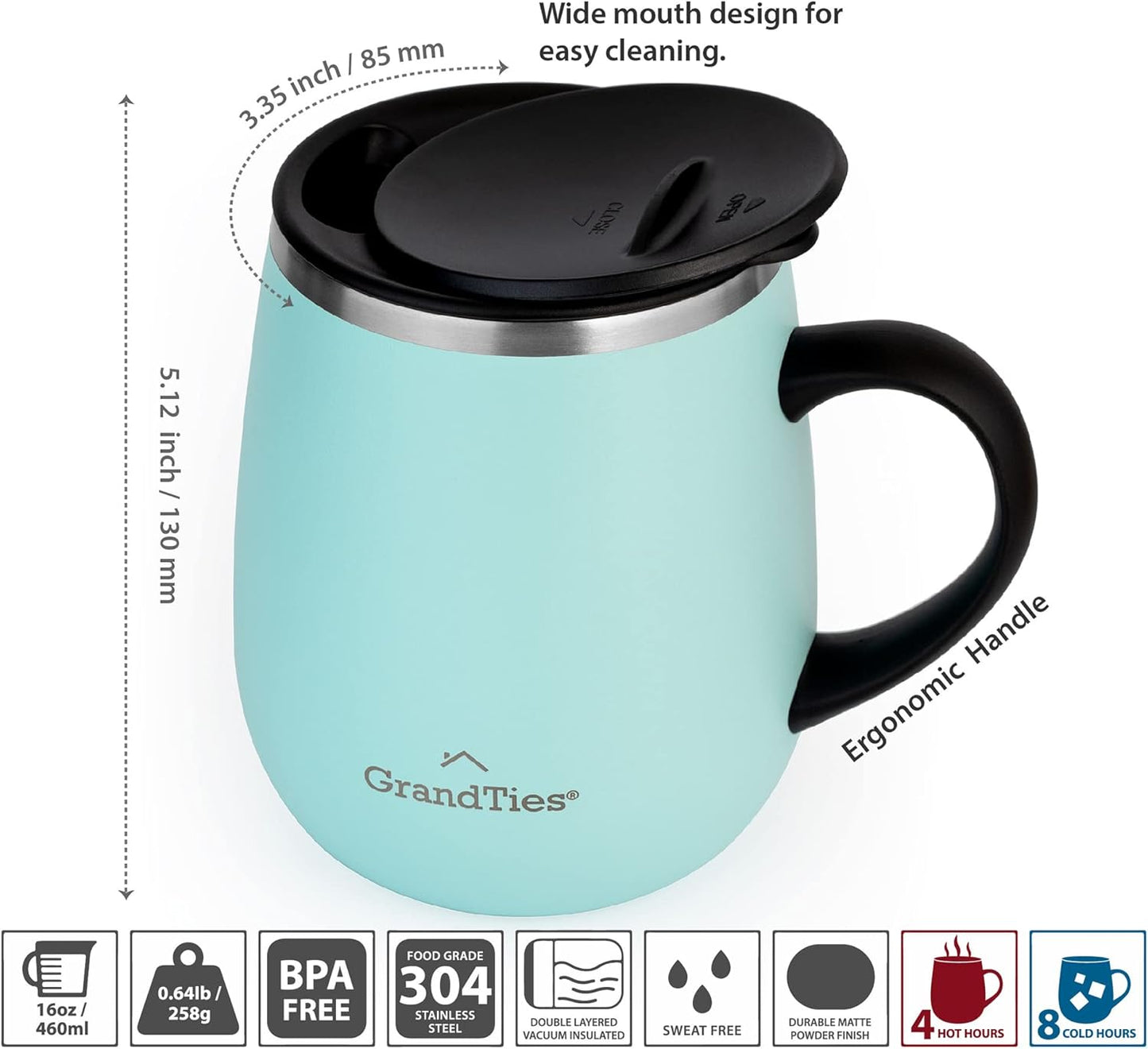 16oz Ceramic-Lined Insulated Coffee Mug with Sliding Lid, Wine-Glass Shape Thermal Tumbler with Double Walled Vacuum to Keeps Beverages Hot or Cold (Frosted Glacier)