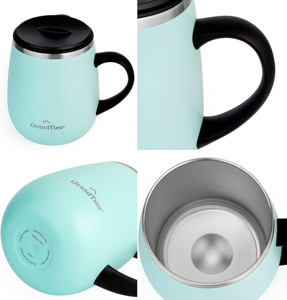 16oz Ceramic-Lined Insulated Coffee Mug with Sliding Lid, Wine-Glass Shape Thermal Tumbler with Double Walled Vacuum to Keeps Beverages Hot or Cold (Frosted Glacier)