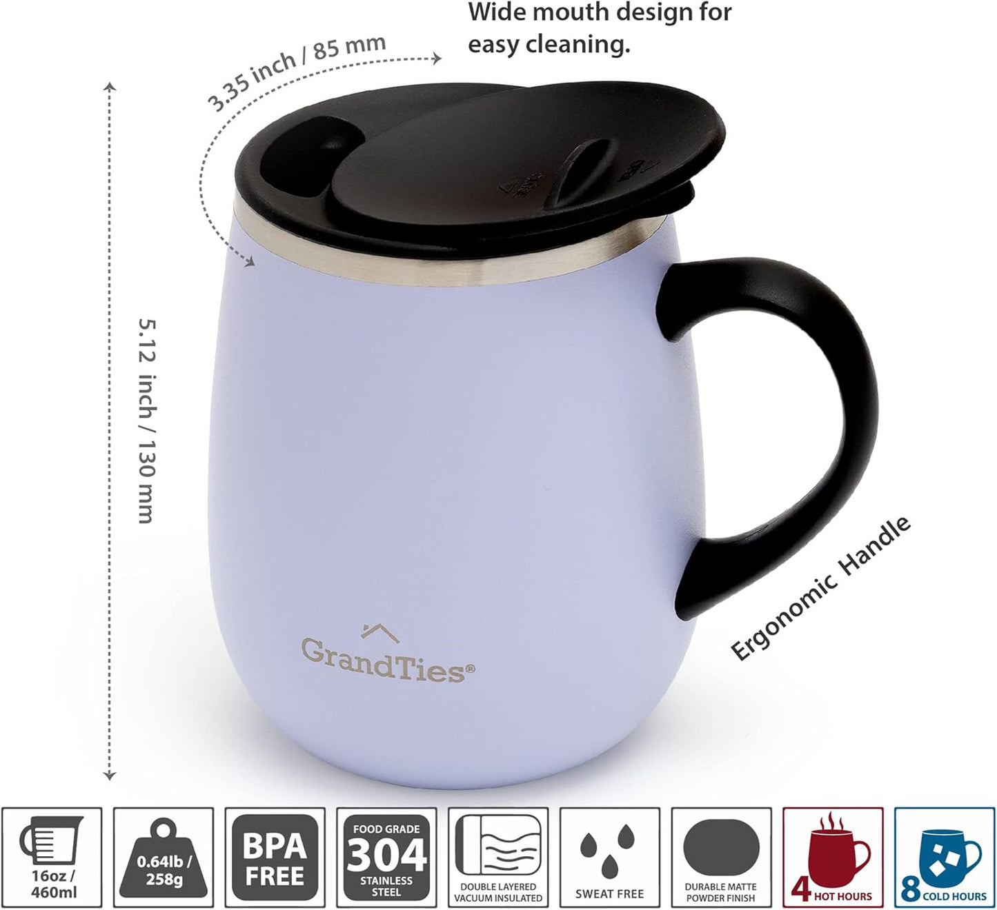 16oz Ceramic-Lined Insulated Coffee Mug with Sliding Lid, Wine-Glass Shape Thermal Tumbler with Double Walled Vacuum to Keeps Beverages Hot or Cold (Frosted Glacier)
