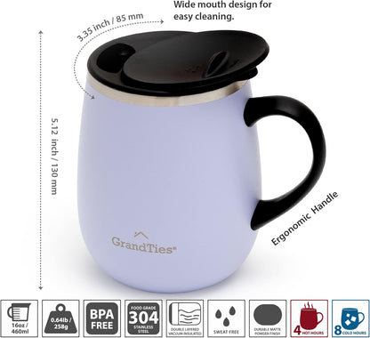 16oz Ceramic-Lined Insulated Coffee Mug with Sliding Lid, Wine-Glass Shape Thermal Tumbler with Double Walled Vacuum to Keeps Beverages Hot or Cold (Frosted Glacier)