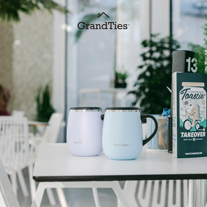 16oz Ceramic-Lined Insulated Coffee Mug with Sliding Lid, Wine-Glass Shape Thermal Tumbler with Double Walled Vacuum to Keeps Beverages Hot or Cold (Frosted Glacier)