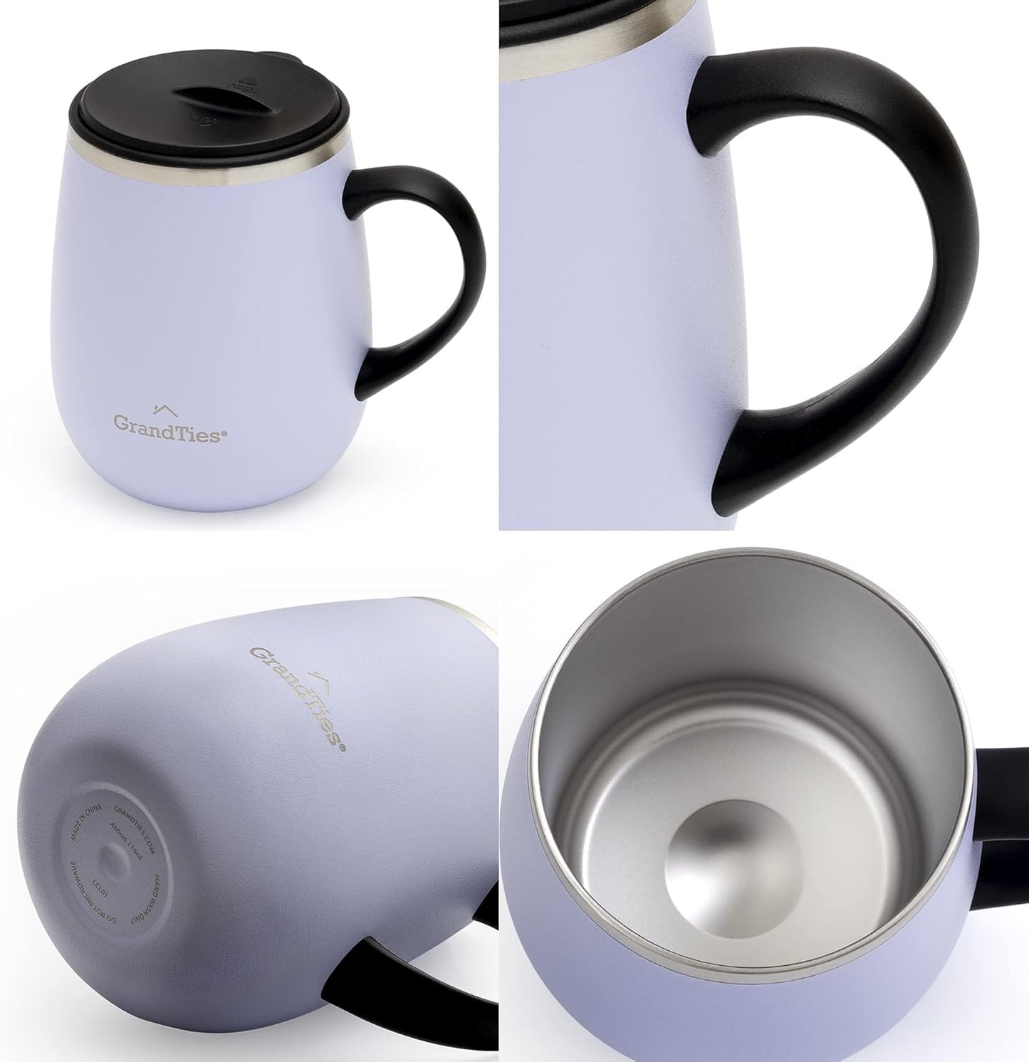 16oz Ceramic-Lined Insulated Coffee Mug with Sliding Lid, Wine-Glass Shape Thermal Tumbler with Double Walled Vacuum to Keeps Beverages Hot or Cold (Frosted Glacier)