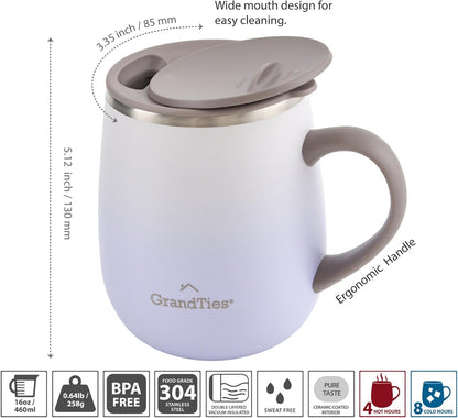 16oz Ceramic-Lined Insulated Coffee Mug with Sliding Lid, Wine-Glass Shape Thermal Tumbler with Double Walled Vacuum to Keeps Beverages Hot or Cold (Frosted Glacier)