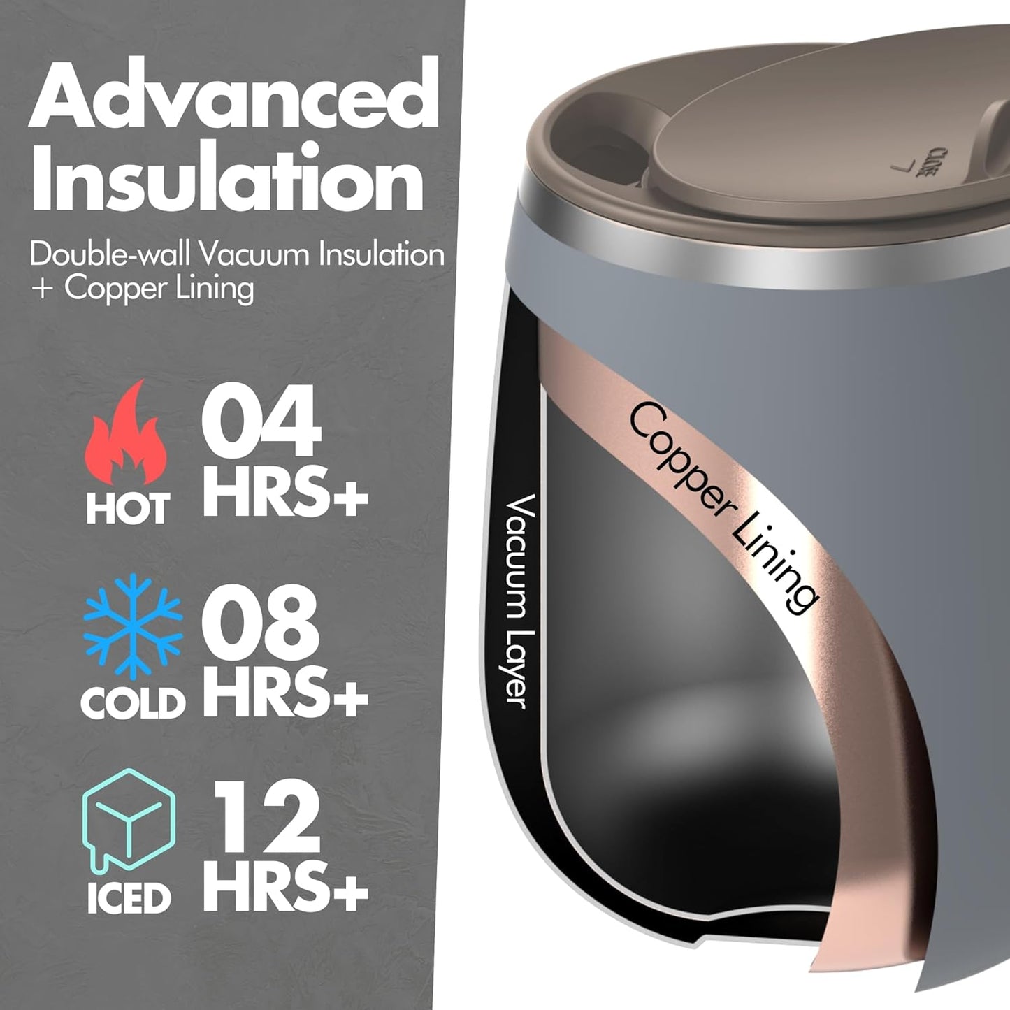 16oz Ceramic-Lined Insulated Coffee Mug with Sliding Lid, Wine-Glass Shape Thermal Tumbler with Double Walled Vacuum to Keeps Beverages Hot or Cold (Frosted Glacier)
