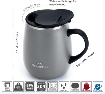 16oz Ceramic-Lined Insulated Coffee Mug with Sliding Lid, Wine-Glass Shape Thermal Tumbler with Double Walled Vacuum to Keeps Beverages Hot or Cold (Frosted Glacier)