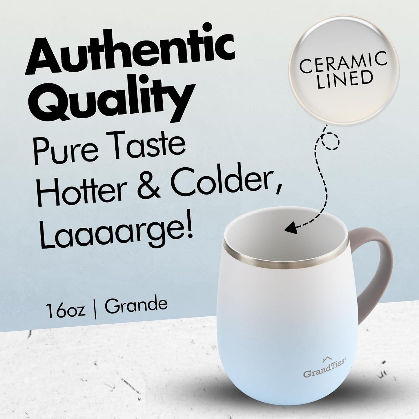 16oz Ceramic-Lined Insulated Coffee Mug with Sliding Lid, Wine-Glass Shape Thermal Tumbler with Double Walled Vacuum to Keeps Beverages Hot or Cold (Frosted Glacier)