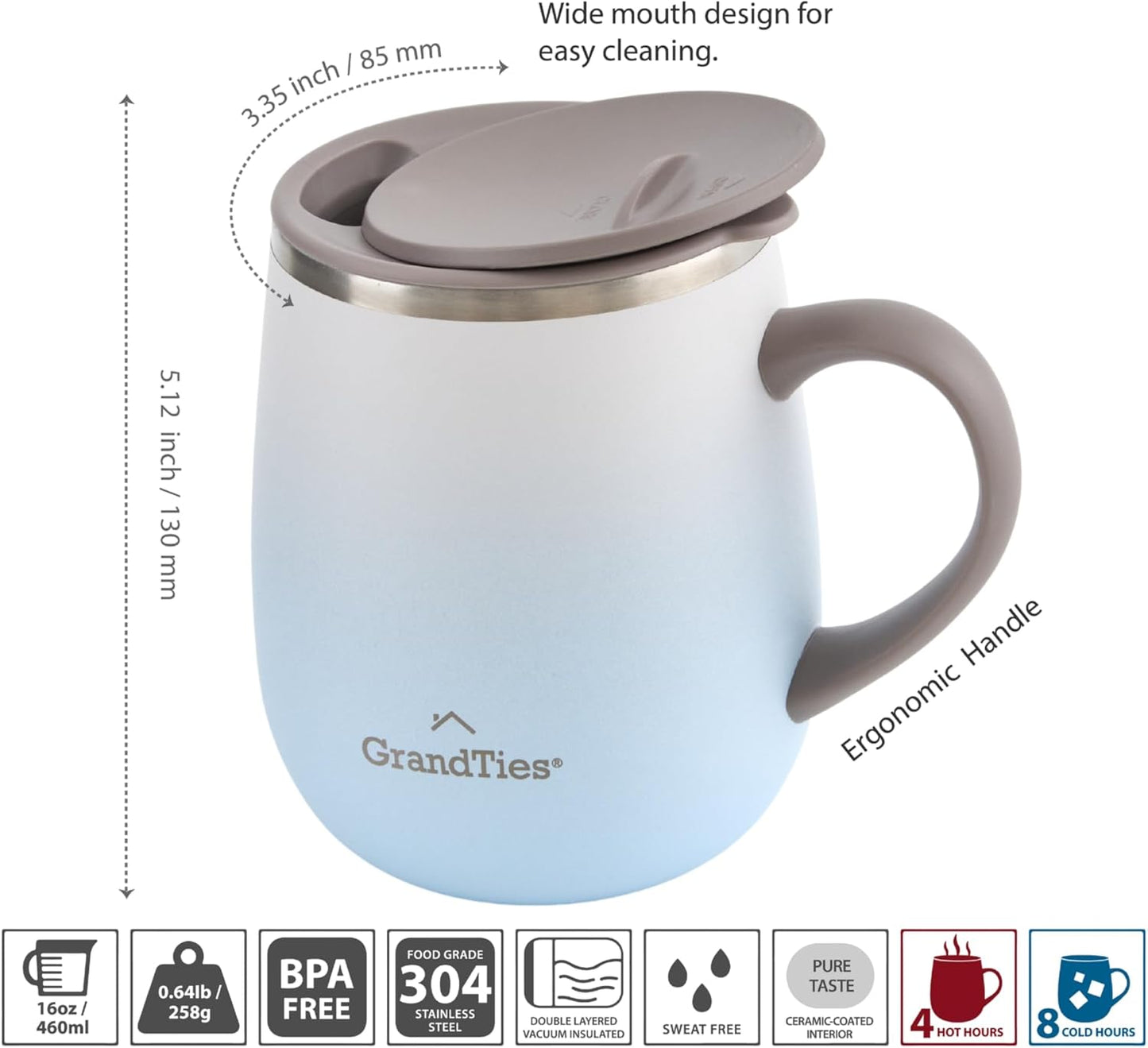 16oz Ceramic-Lined Insulated Coffee Mug with Sliding Lid, Wine-Glass Shape Thermal Tumbler with Double Walled Vacuum to Keeps Beverages Hot or Cold (Frosted Glacier)