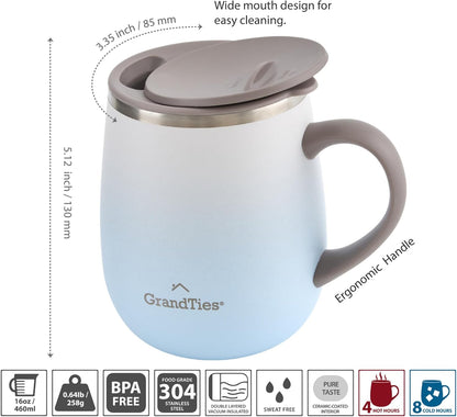 16oz Ceramic-Lined Insulated Coffee Mug with Sliding Lid, Wine-Glass Shape Thermal Tumbler with Double Walled Vacuum to Keeps Beverages Hot or Cold (Frosted Glacier)