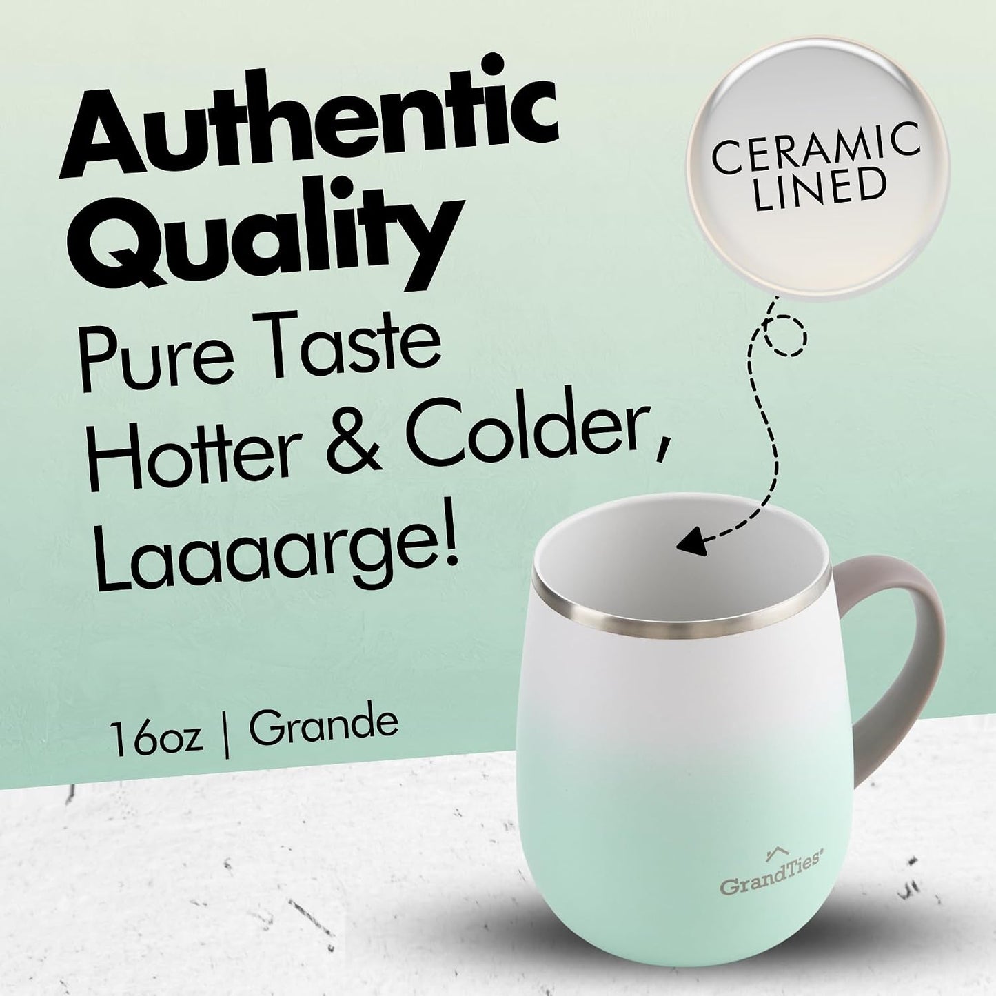 16oz Ceramic-Lined Insulated Coffee Mug with Sliding Lid, Wine-Glass Shape Thermal Tumbler with Double Walled Vacuum to Keeps Beverages Hot or Cold (Frosted Glacier)