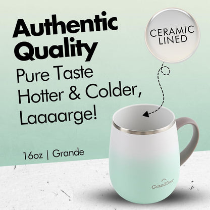 16oz Ceramic-Lined Insulated Coffee Mug with Sliding Lid, Wine-Glass Shape Thermal Tumbler with Double Walled Vacuum to Keeps Beverages Hot or Cold (Frosted Glacier)