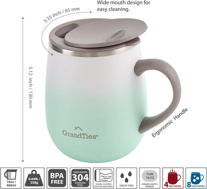 16oz Ceramic-Lined Insulated Coffee Mug with Sliding Lid, Wine-Glass Shape Thermal Tumbler with Double Walled Vacuum to Keeps Beverages Hot or Cold (Frosted Glacier)