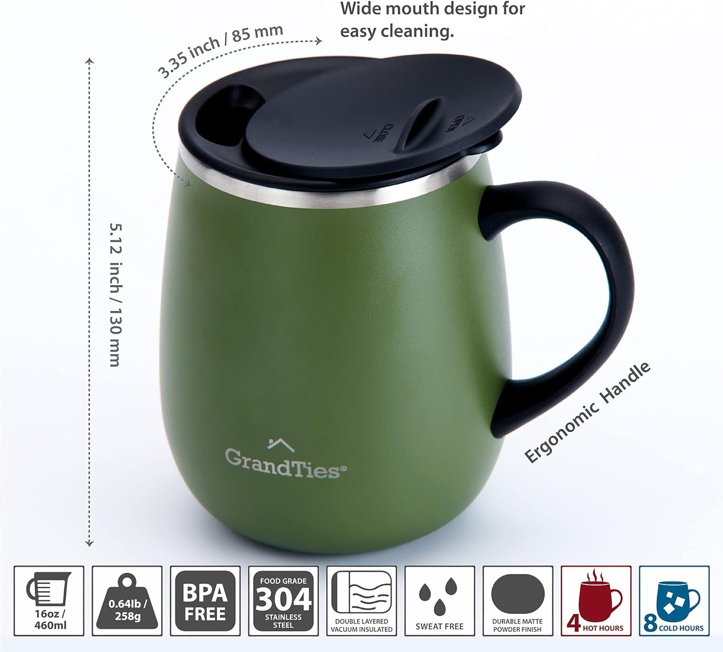 16oz Ceramic-Lined Insulated Coffee Mug with Sliding Lid, Wine-Glass Shape Thermal Tumbler with Double Walled Vacuum to Keeps Beverages Hot or Cold (Frosted Glacier)