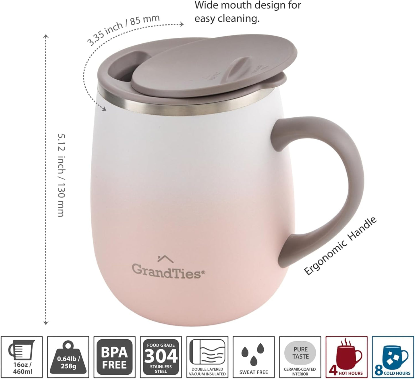 16oz Ceramic-Lined Insulated Coffee Mug with Sliding Lid, Wine-Glass Shape Thermal Tumbler with Double Walled Vacuum to Keeps Beverages Hot or Cold (Frosted Glacier)