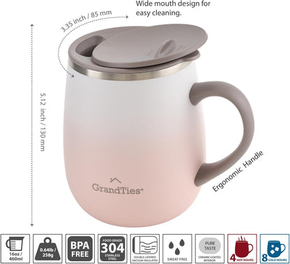 16oz Ceramic-Lined Insulated Coffee Mug with Sliding Lid, Wine-Glass Shape Thermal Tumbler with Double Walled Vacuum to Keeps Beverages Hot or Cold (Frosted Glacier)