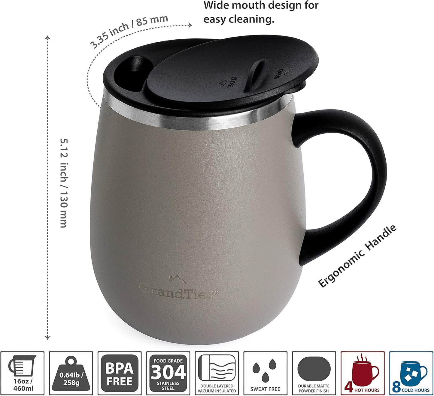 16oz Ceramic-Lined Insulated Coffee Mug with Sliding Lid, Wine-Glass Shape Thermal Tumbler with Double Walled Vacuum to Keeps Beverages Hot or Cold (Frosted Glacier)