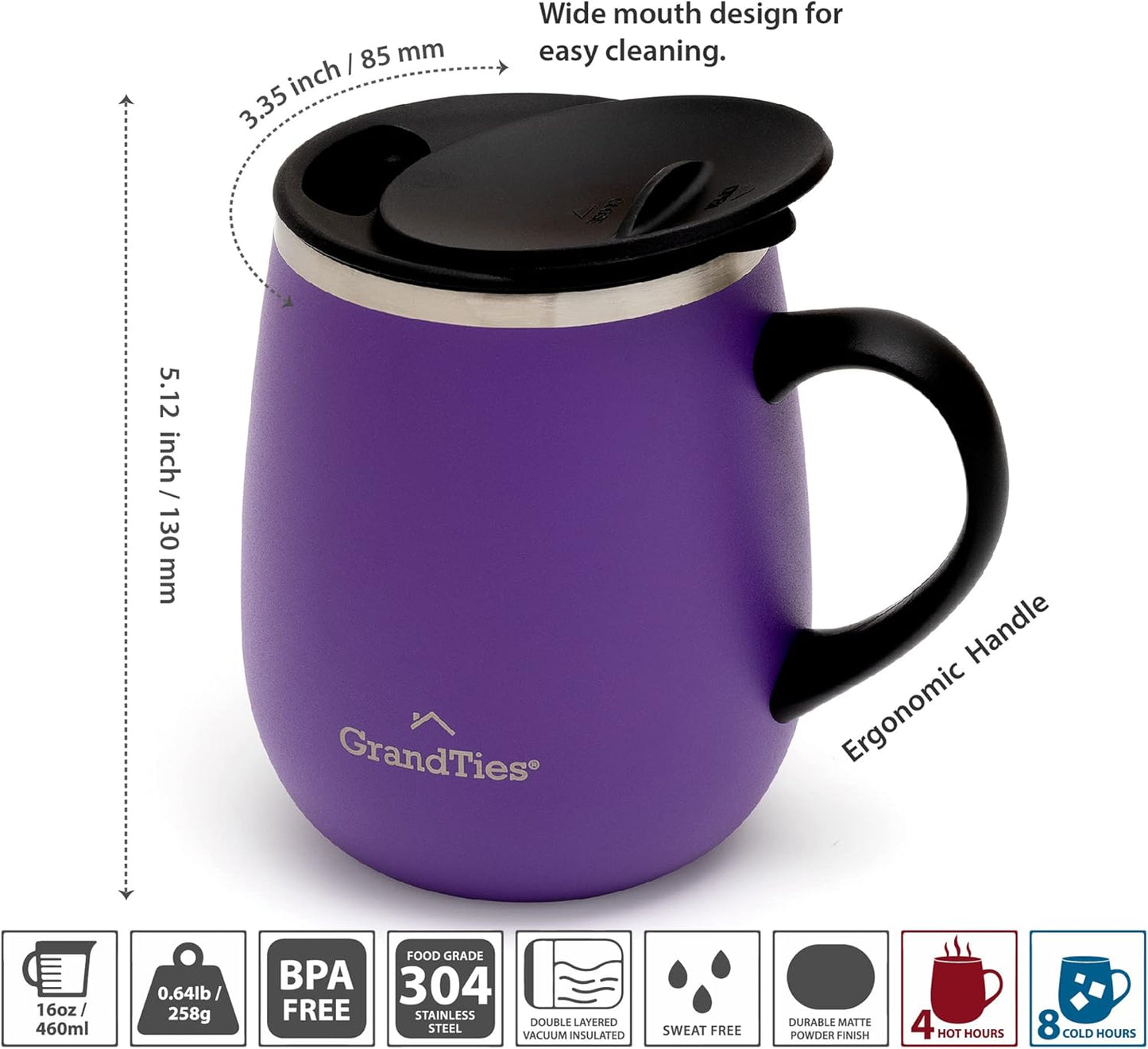 16oz Ceramic-Lined Insulated Coffee Mug with Sliding Lid, Wine-Glass Shape Thermal Tumbler with Double Walled Vacuum to Keeps Beverages Hot or Cold (Frosted Glacier)