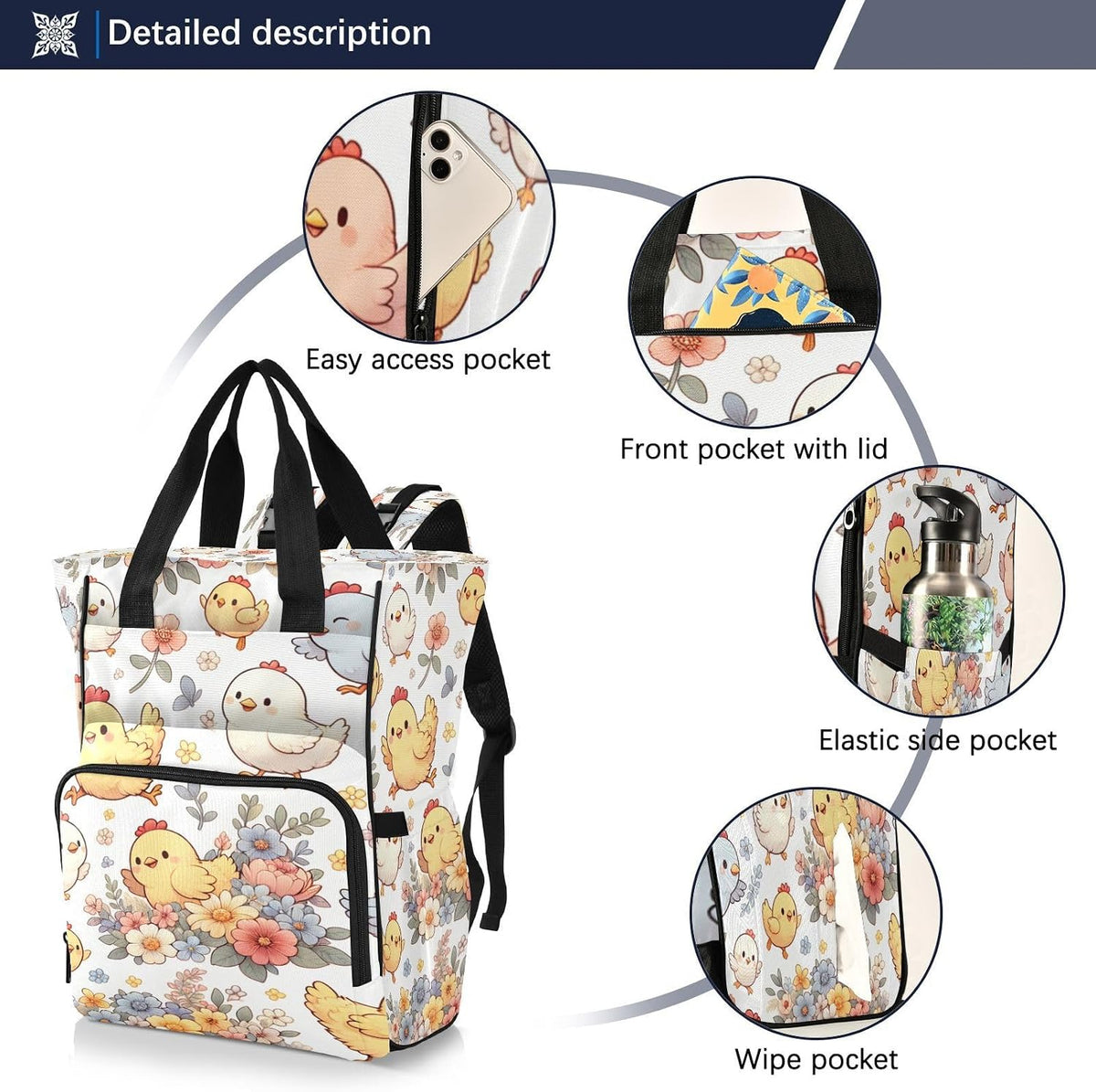 Cute Cartoon Chickens Diaper Bag Backpack,Multifunctional Baby Boy & Girls Diaper Bag for with Insulated Pockets and Stroller Straps Large Capacity,Waterproof Diaper Bag Travel Back
