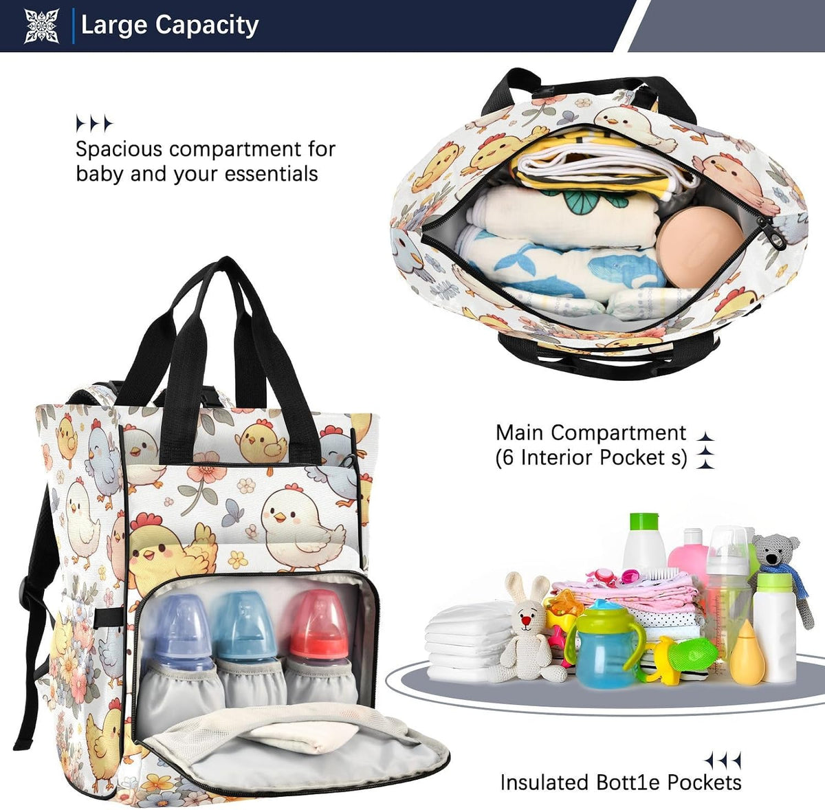 Cute Cartoon Chickens Diaper Bag Backpack,Multifunctional Baby Boy & Girls Diaper Bag for with Insulated Pockets and Stroller Straps Large Capacity,Waterproof Diaper Bag Travel Back