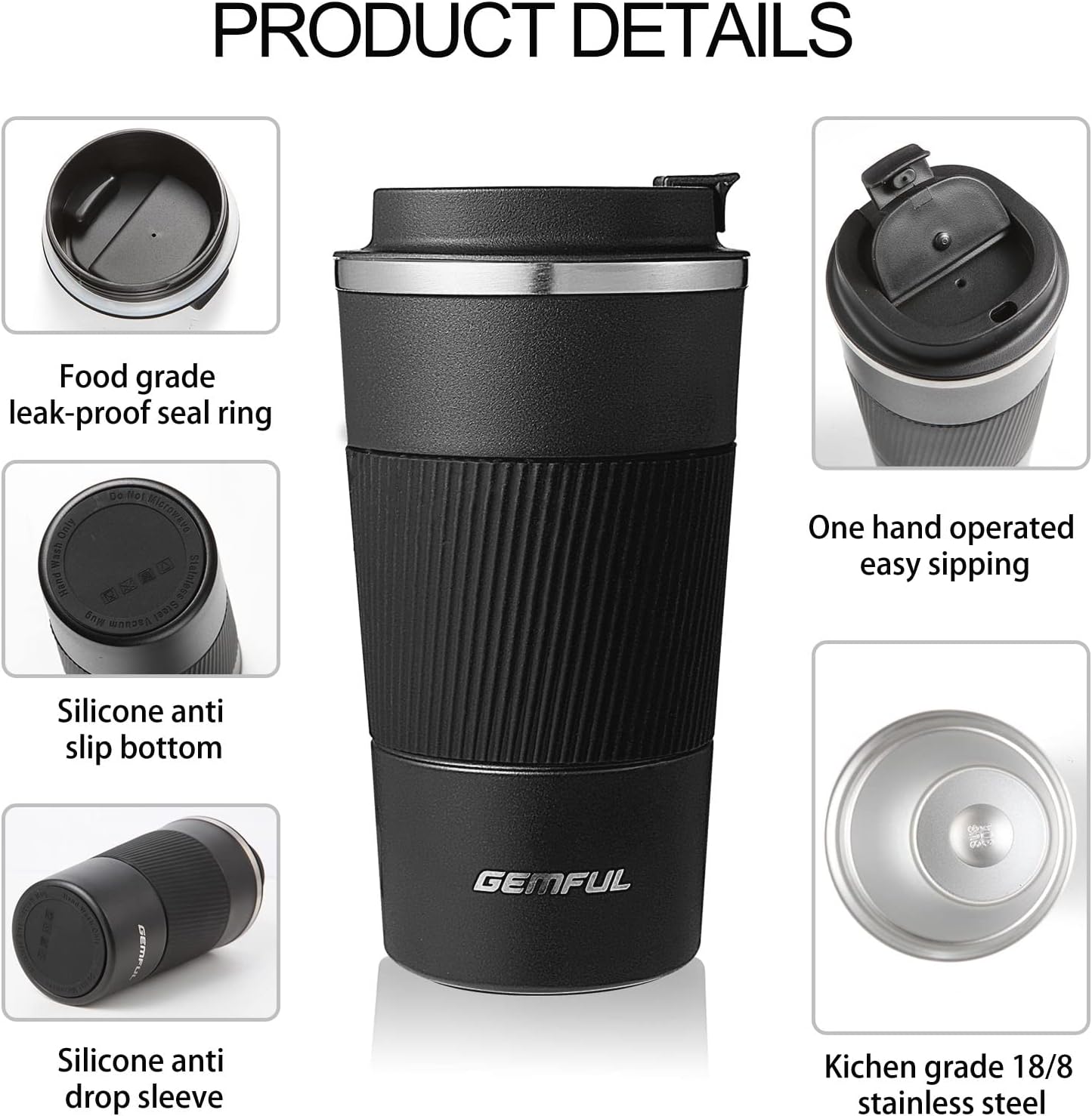 GEMFUL 17oz Stainless Steel Mug Insulated Travel Coffee Tumbler (Blue) | Double-wall Vacuum, Leak-proof Lid, Fit Car Cup Holder, Bpa-free, Easy Clean, Hot/cold for Commute/Office/Outdoor/Home/Travel