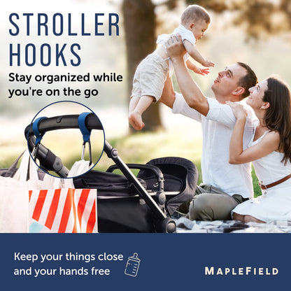 Stroller Accessory Hooks - Pack of 2, Blue - Secure Hook & Loop Straps & Clip Holders - Carabiner Clip for Diaper Bag - Universal Stroller Organizer & Cart Purse Hook