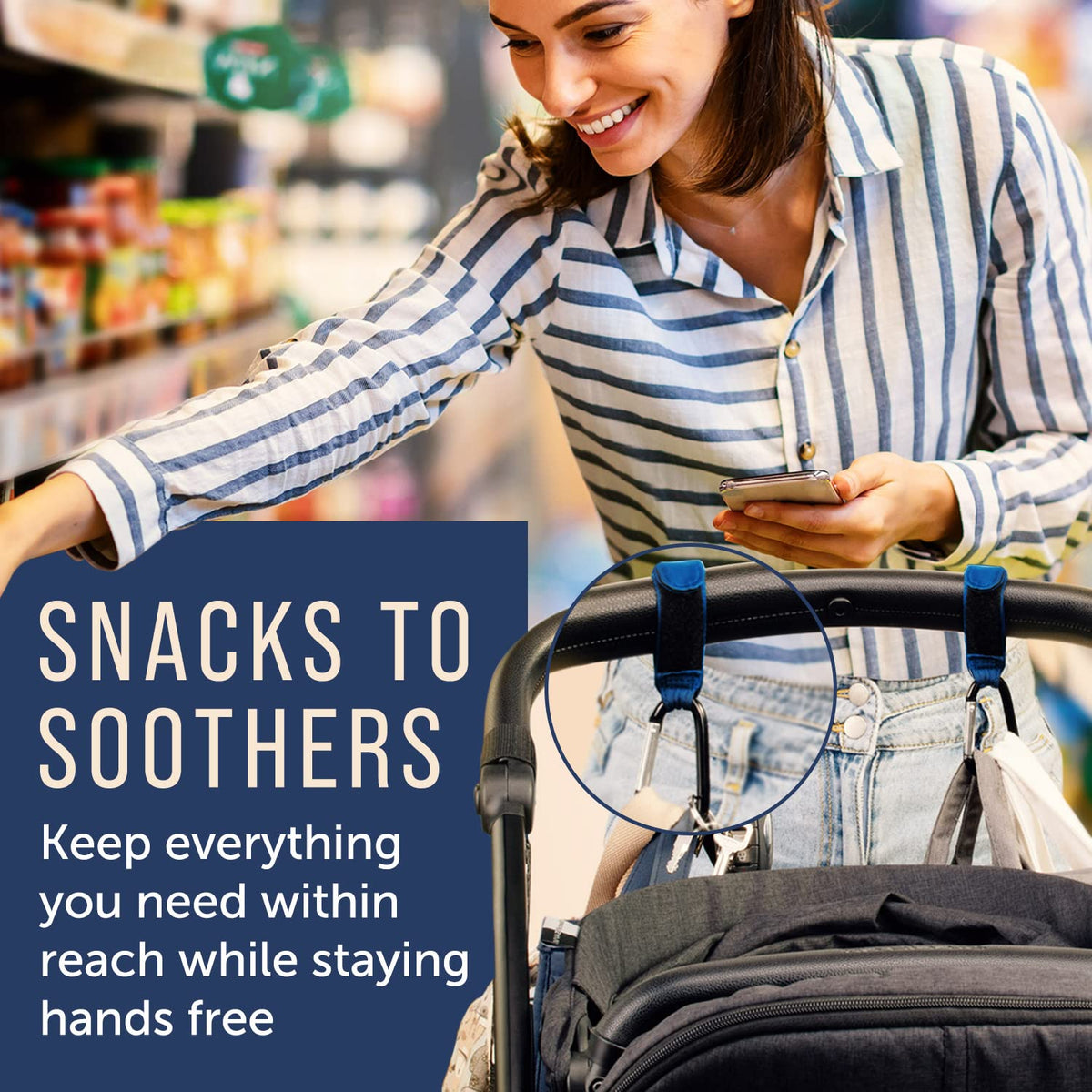 Stroller Accessory Hooks - Pack of 2, Blue - Secure Hook & Loop Straps & Clip Holders - Carabiner Clip for Diaper Bag - Universal Stroller Organizer & Cart Purse Hook