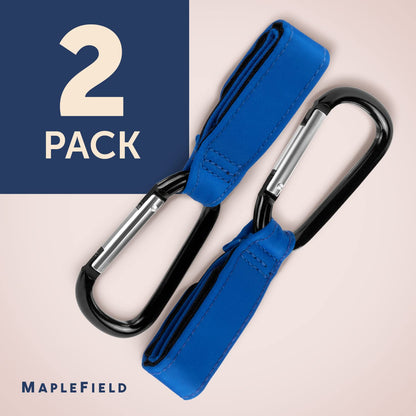 Stroller Accessory Hooks - Pack of 2, Blue - Secure Hook & Loop Straps & Clip Holders - Carabiner Clip for Diaper Bag - Universal Stroller Organizer & Cart Purse Hook