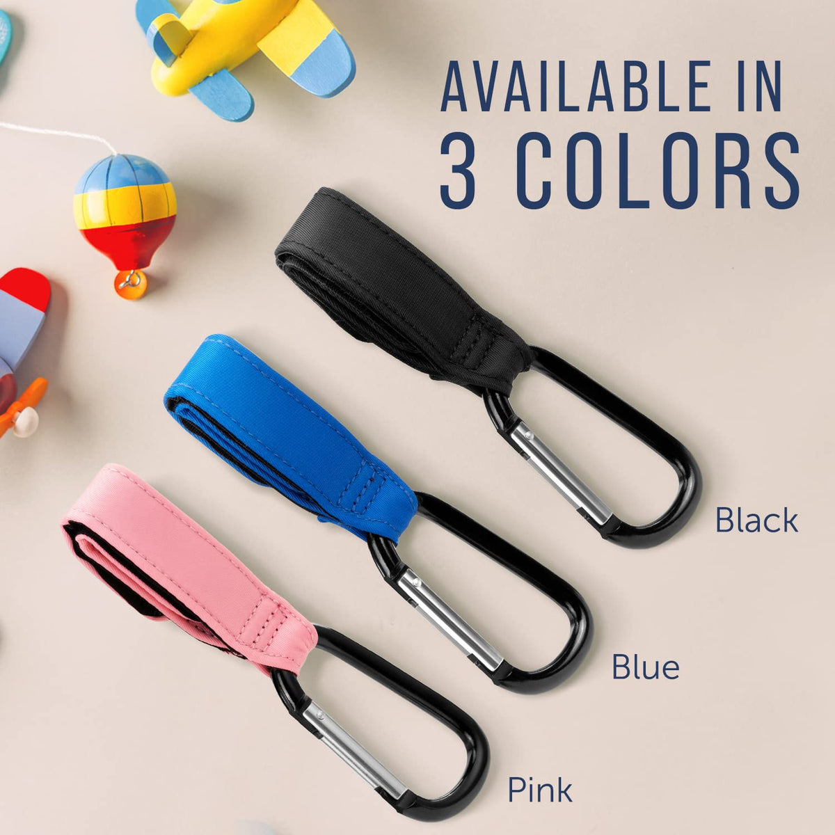 Stroller Accessory Hooks - Pack of 2, Blue - Secure Hook & Loop Straps & Clip Holders - Carabiner Clip for Diaper Bag - Universal Stroller Organizer & Cart Purse Hook